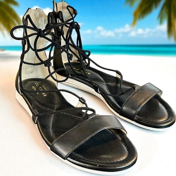 NWOT Cole Haan Grand-OS Black & White Leather Lace-Up Gladiator Sandals Size 5.5 - Picture 2 of 12